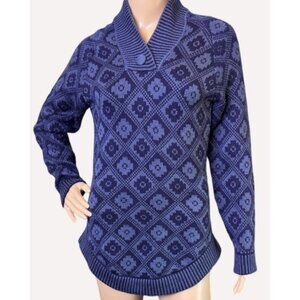 Vintage Blue Geometric‎ Pattern V-Neck Sweater With Button Detail & Round Hem XS